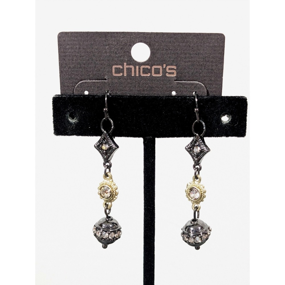 Chicos Gray Metallic‎ Gold Tone Rhinestone LInear Boho Chic Earrings Pierced